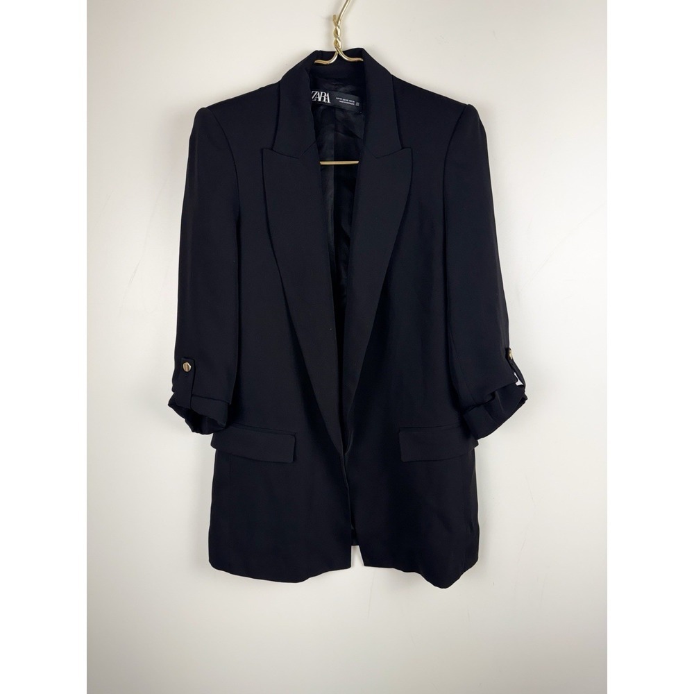 Zara Black Open Front Blazer Roll Tab 3/4 Sleeve Gold Button Pockets Jacket XS